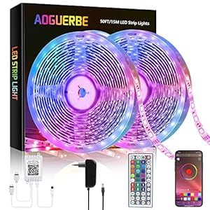 AOGUERBE Ruban à LED 15m, Bande LED 5050 RGB Améliorée Lumineuse Ruban LED Bluetooth/par télécommande pour Salon/Maison/Chambre/Soirée, Synchroniser avec Rythme de Musique/Fonction de Minuterie