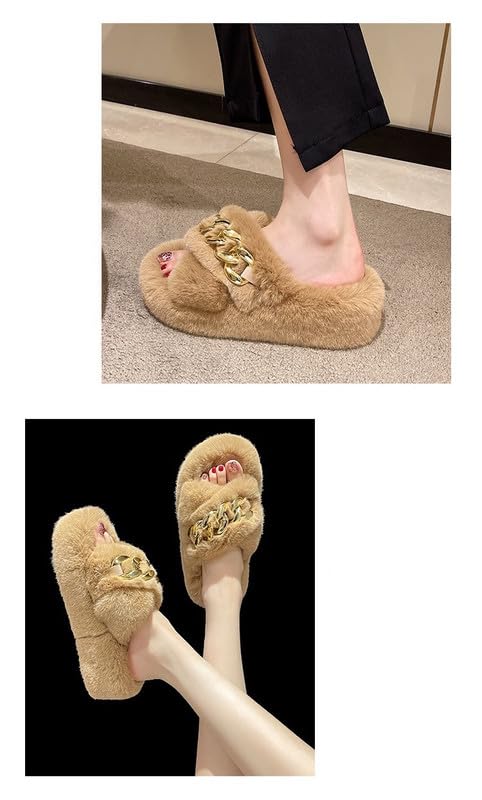 Cuban Link Chain Fuzzy Slippers Women Indoor and Outdoor Clean Girl Aesthetic Gold Chain Slippers Open Toe Soft Plush Stylish Slippers4