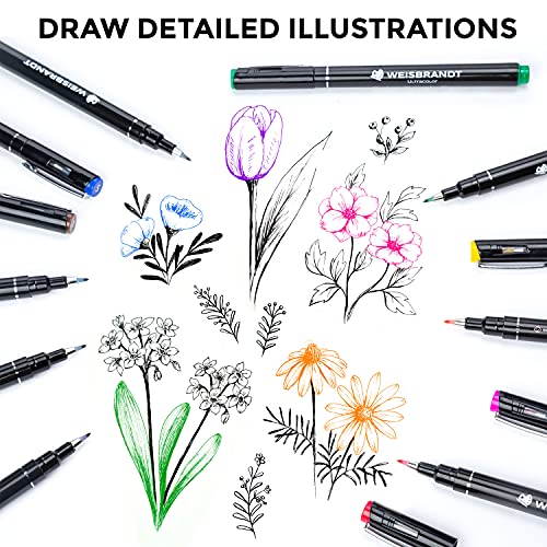 Weisbrandt Ultracolor Hard Tip Brush Markers Pens, 12-Pack, Multifunction Writing Instrument, Micro Pigment Ink, Flexible Brush Tip, Water-Proof And Fade-Proof, Great For Lettering And Illustration #TOP5