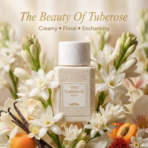 Image of Ajmal Oud Marquis Ode Tubereuse Eau de Parfum for Women, 3.4 fl oz | Sensual tuberose women's EDP by Ajmal. White floral intensity, long-lasting. Crafted in Dubai, made in France.