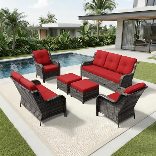 Image of Joyside 6 Piece Wicker Patio Furniture Set, Rattan Patio Chairs with High Back, Deep Seating, Wide Armrest, Thickened Cushions, Outdoor Furniture for Deck, Porch Use