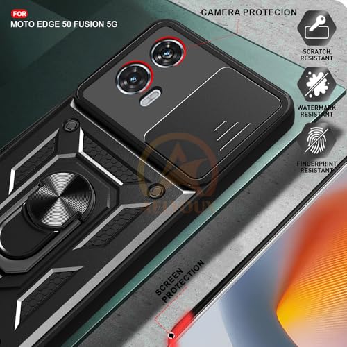 Image of Armor Bumper Back Cover Case for Moto Edge 50 Fusion 5G Rotating Camera Cover, Ring Holder & Kickstand | Heavy Duty & 360 Degree Protection Moto Edge 50 Fusion 5G Back Cover (Black)