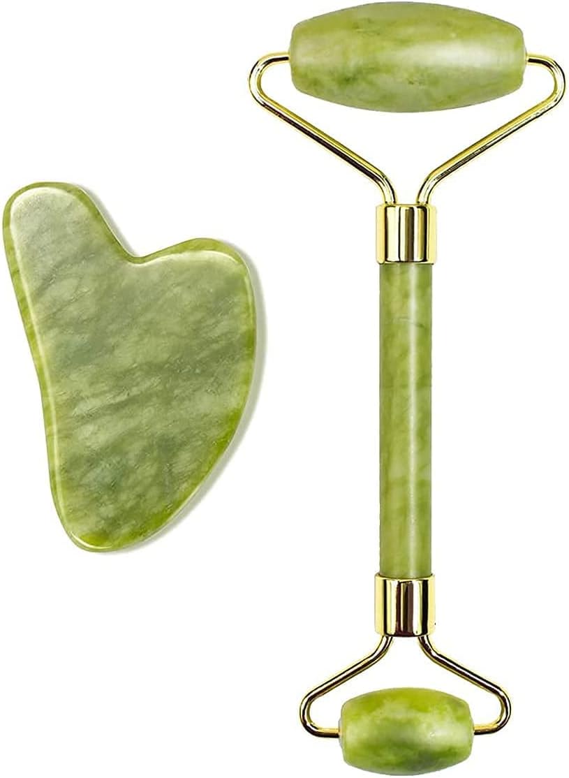 White Leaf Jade roller & guasha facial tool original, Roller Face Massager For Women Men face roller jade roller and gua sha set Jade Stone Facial Roller for Face Eye Neck Foot Massage, skin care (Green)