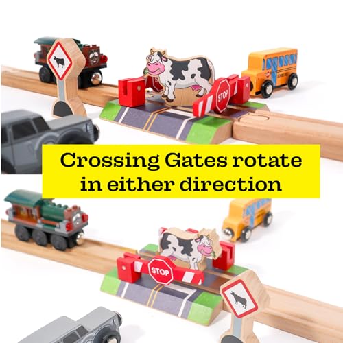 wooden railroad crossing - 3 piece set rail road signal gate wooden sign cow - compatible with all major train brands - railroad toy train track accessories - zany trains - train track