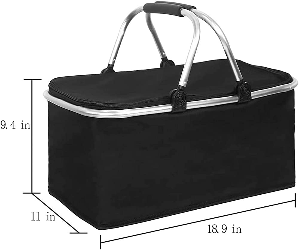 Cesta De Picnic, Robusto Marco De Aluminio De 32L con Forro Bolsa Térmica Plegable con Cremallera Y Asa, Adecuada para Viajes Y Vacaciones De Campamento-Nero