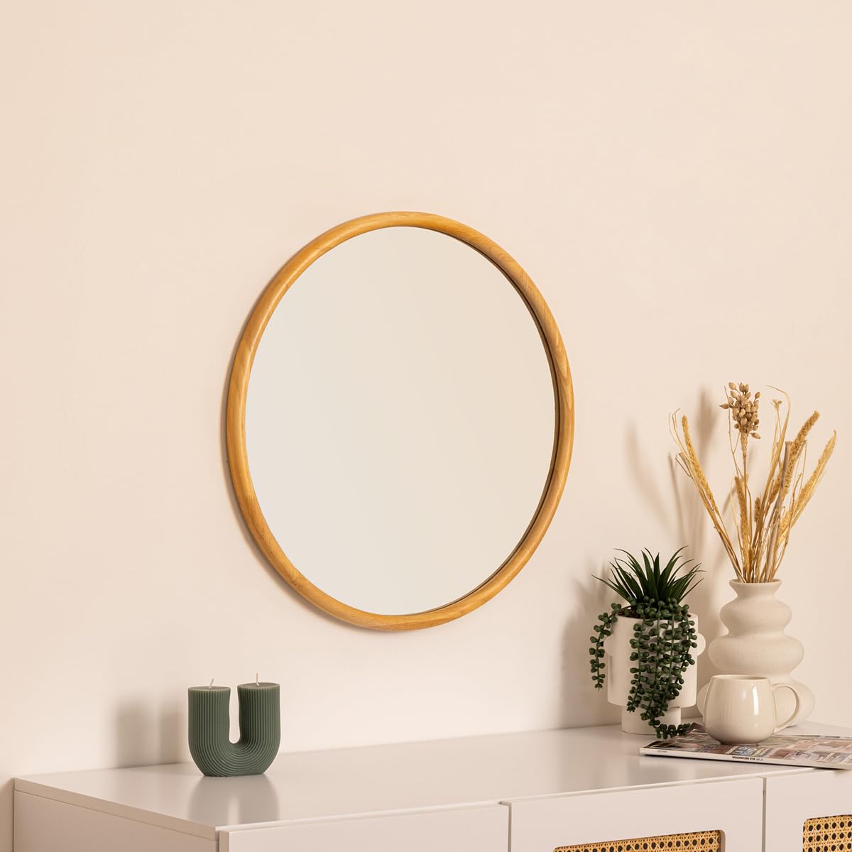 Atmosphera - Miroir Rond Mural Kim - Cadre en Bois, 55 cm de Diamètre - pour Entrée, Chambre, Salon