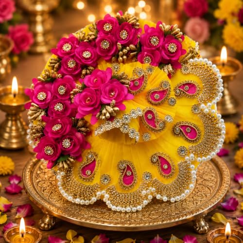 Image of Laddu Gopal Dress, Multicolor, Floral Design with Pearl Embellishments, Janmashtami Special Outfit (DRESS05, 4 Size)