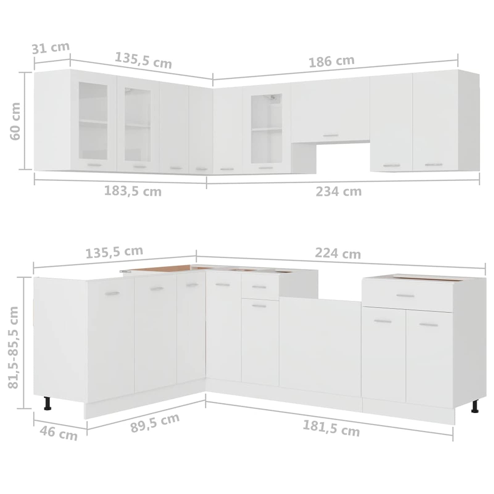 11-TLG. Küchenzeile, Einbauküche, Küche Komplett, Einbauküchen, Single Küche Komplett, Kleiner Küchenblock, Weiß Spanplatte