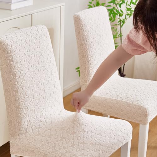 Image of HOMETHREADS Elastic Jacquard Chair Cover Stretch Removable Washable Short Dining Chair Cover Protector Seat Slipcover (D Cream, Pack of 2)