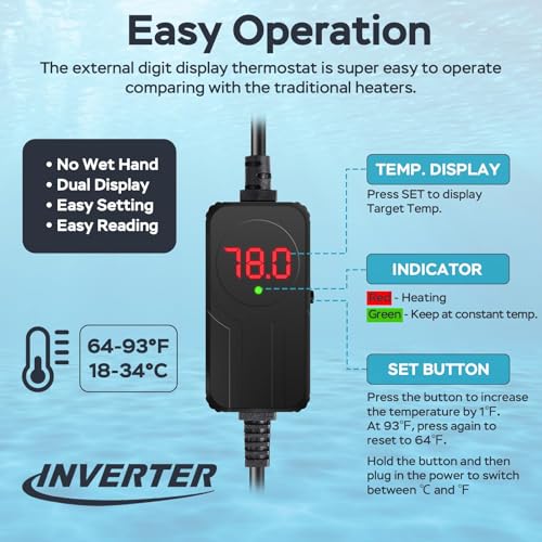 Image of AquaMiracle Aquarium Heater, 200W Submersible Fish Tank Heater with LED Digital Display, Overheat Protection & Auto Power-Off When Out of Water, for Freshwater and Saltwater Fish Tanks (20-40 Gal)