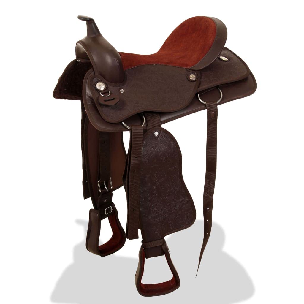Juego de sillín Western de piel auténtica y piel sintética, asiento de pulgadas, con cabestro y pectoral, reforzado en puntos de presión, para jinete, caballo, equitación y terreno