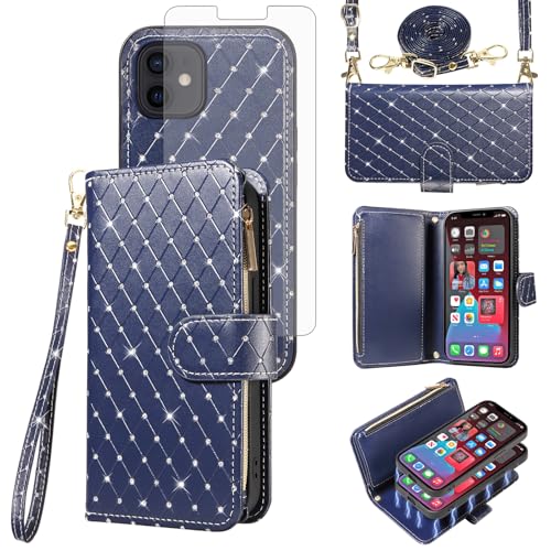 Étui portefeuille iPhone 12 Mini avec fermeture éclair et bandoulière pailletée antichoc