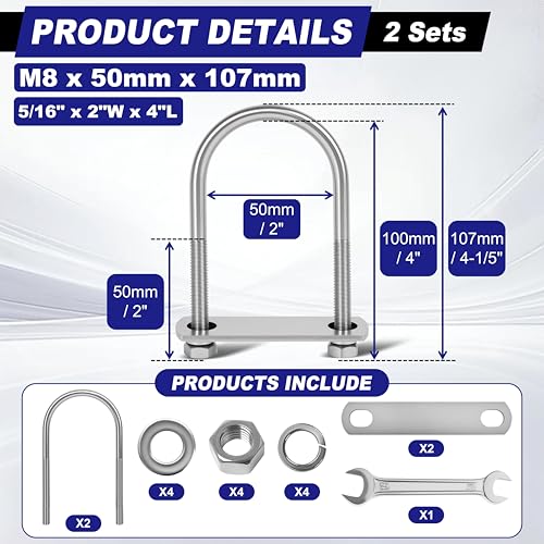 Image of 2 Sets M8 U Bolts 2 Inch Wide, 5 /16 inch x 2 inchW x 4 inch L | 304 Stainless Steel U Bolt Heavy Duty for boat trailer with Nuts, Bolt Plate and Washers,2 inch u bolt,Metric bolts