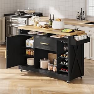 Dwvo 53 inch kitchen island with power outlet wine storage farmhouse island cabinet portable rolling islands cart on wheels with thick table top drawer glass holder spice rack black  urban country home decor