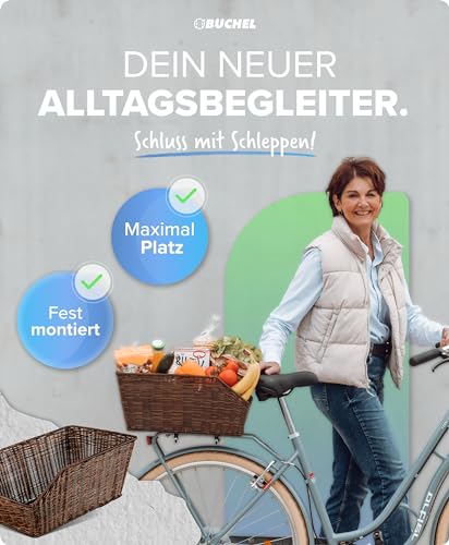 Büchel Fahrradkorb hinten aus hochwertigem Polyrattan I Fahrrad Korb für hinten inkl. Befestigungsmaterial. Fahrradkorb hinten groß I Fahrradkorb Kinder hinten I Schultaschen Korb, braun, Einheitsgröße