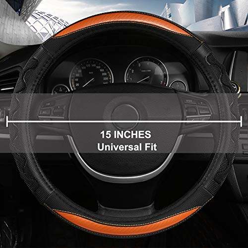 Black Panther Luxury Leather Car Steering Wheel Cover With 3D Honeycomb Hole Anti-Slip Design, 15 Inch Universal - Orange #TOP5