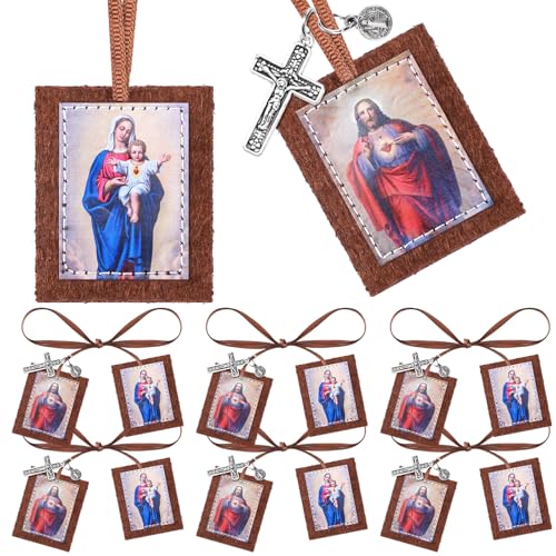 Wavwavw 6 Pcs Our Lady of Mt Carmel and Jesus Christ Sacred Brown Scapular Necklace with Benedict Medal and Crucifix Benediction and Protection Gift for Women Man First Holy Communion or Confirmation