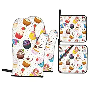 Cupcake Yummy Dessert Oven Mitts and Pot Holders Set of 4, Oven Mittens and Potholders Heat Resistant Gloves for Kitchen Cooking Baking Grilling BBQ