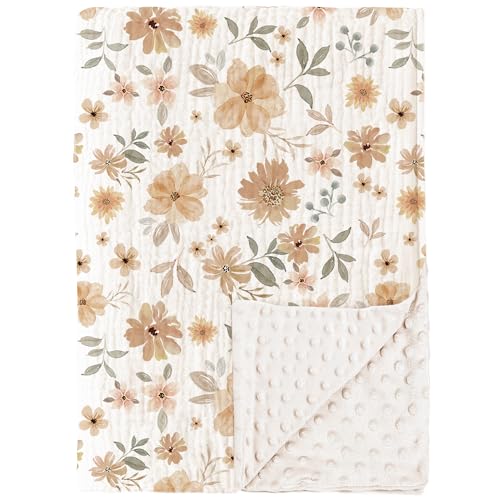 Image of Konssy Baby Blankets for Unisex Boys Girls, Super Soft Nursery Minky Blankets with Muslin Cotton Front and Dotted Fleece Backing, Printed Bed Throws Newborn