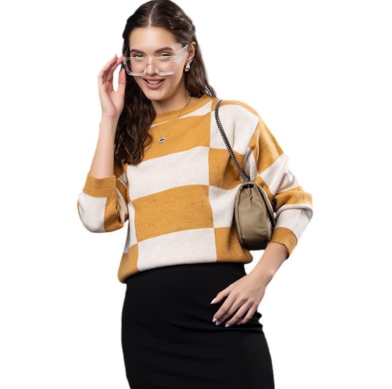 Image of Wear lusso Women's Round Neck Colour Block Sweater | 100% Wool Pullover | Full Sleeve Soft & Stylish Winter Wear for Women & Girls