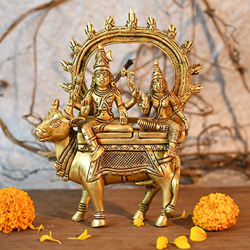 Image of Collectible India Brass Shiva Idol God Shiva Parvati Idol Sitting On Nandi Statue Diwali Decor Gifts(Size 7.5 x 5 Inches).