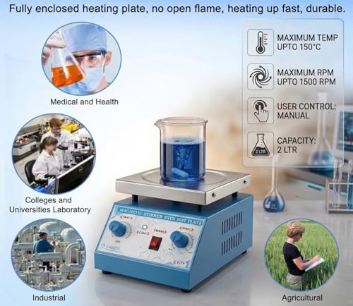 Image of Magnetic Stirrer with Hot Plate | 2L Capacity | 1500 RPM | Up to 150C Heating | Dual Function Stirring & Heating | Adjustable Manual Control | Durable Lab Equipment with 1-Year Warranty (Blue)