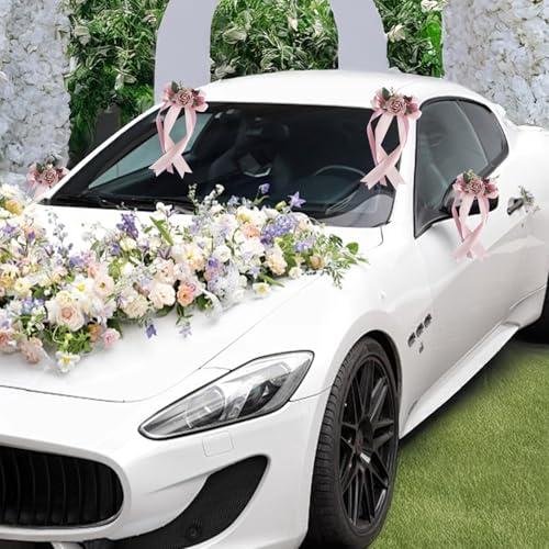 Image of 4PCS Wedding Car Door Handle Decorative Flowers, White Artificial Cars Bouquet Flower Bowknot Ribbon Decor, Just Married Automotive Decorations Accessories for Door Handles( Two Flower Pink)