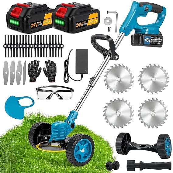 48V Cordless Grass Cutter - Brush Cutter Machine with 2 Batteries | Electric Lawn Trimmer with Wheels, Saw Blades, 4 Metal Blades, Nylon Blades, Safety Glasses & Gloves