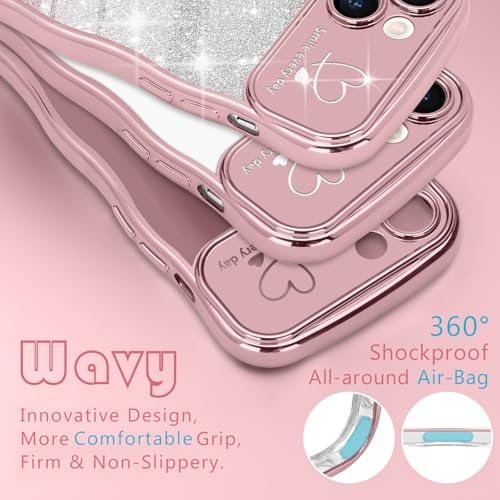 Teageo Cute Heart Pattern Curly Phone Case for iPhone 13, Wave Frame Glitter Case for Girls Women Aesthetic Bling Cover Shockproof Soft TPU Bumper for iPhone 13, Pink - Image 3