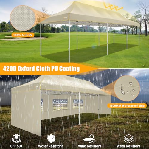 Image of HOTEEL 10x30 Heavy Duty Pop Up Canopy Tent with 5 Sidewalls&Wheeled Bag, Commercial Event Party Tent Wedding Instant Canopy Waterproof, Upgraded Thicked Hexagonal Legs, UV 50+, Khaki