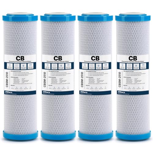 Image of iFilters 0.5-Micron Carbon Block Water Filter - Coconut Shell CTO Drinking Water Filter Cartridge - 10-inch Replacement for Filtration Systems - 2.5 inch x 10 inch (2.5 inch x 10 inch, 4 Pack)