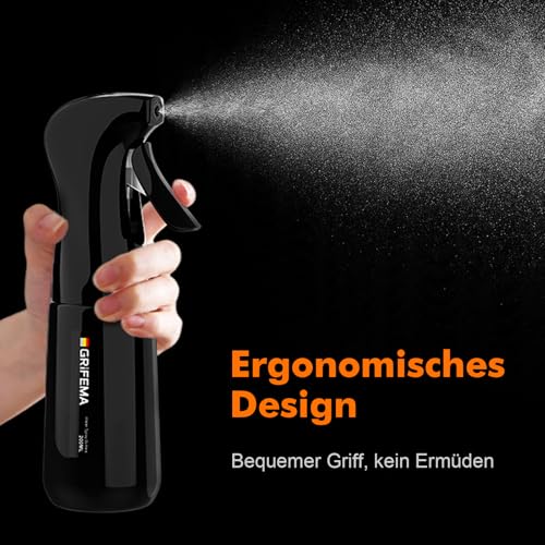 GRIFEMA Sprühflasche 200ml Schwarz - Wasserzerstäuber mit 0,2mm Präzisionsdüse und Lichtschutz - Lichtundurchlässiger Feinzerstäuber für Haarpflege, Kosmetik und Pflanzen - BPA-freie Spritzflasch