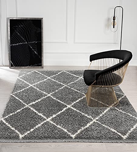 the carpet Bahar Shaggy Tapis de Salon à Poils Longs (35 mm) Motif Losanges Gris 80 x 150 cm