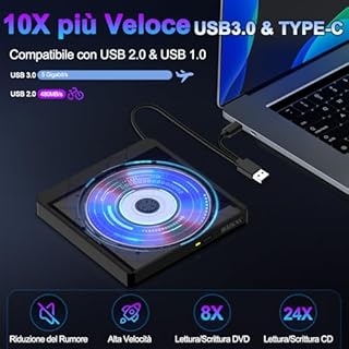 Beizkna Masterizzatore DVD Esterno, Lettore CD Esterno per PC Portatile USB 3.0 e Type-C DVD CD+/-RW Unità Ultra Slim per PC, Desktop, MacBook, iMac, Windows 11/10/8/7/XP/Vista/Linux/Mac/OS, Nero