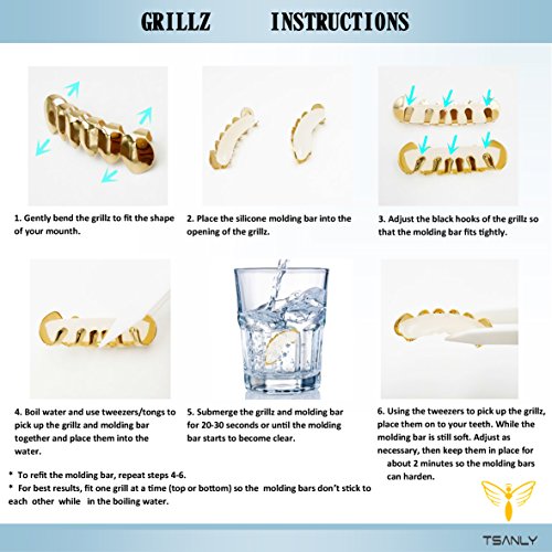 Tsanly Open Face Grillz Teeth 24K Gold Grillz Plated Caps New Custom Fit Top & Bottom Grill Set For Kids + Extra Molding Bars + Microfiber Cloth #TOP5