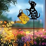 Solar Lights Outdoor Decorative, Watering Can with Cascading Lights, with Dog Silhouette Garden Stakes, Waterproof Metal Garden Decor for Yard Art, Outside, Patio, Lawn(1 Pack)
