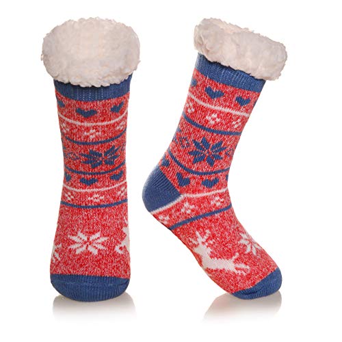 Kids Boy Girls Soft Home Socks Warm Fuzzy Thick Fleece Lined Christmas Stockings For Child Toddler Winter Slipper Socks(Deer Dark Blue, 5-8 Years)