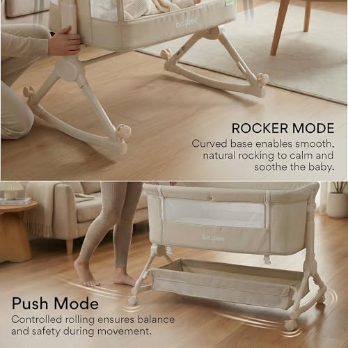 Image of BAYBEE Premium Bedside Crib for Baby with Rocking | Bassinet for New Born with 4 Height Adjustable & Recline | Baby Cot with Mosquito Net & Storage Box | Bedside Cribs & Cots for 0 to 2 Years (Kaki)