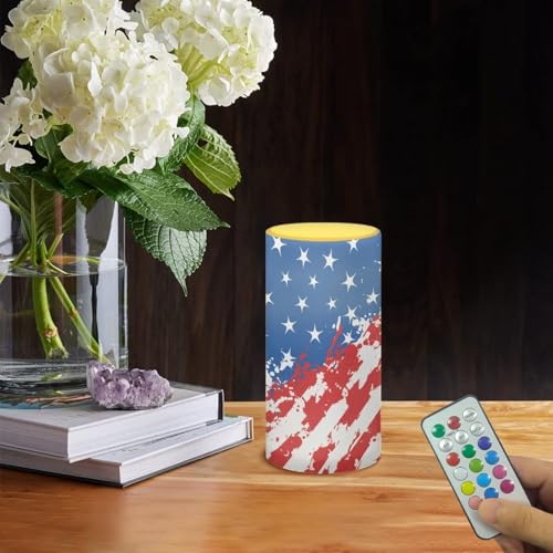 Image of Poceacles 4th of July Flameless Candle Flame Effect Realistic LED Lights Patriotic USA American Flag Battery Operated Flameless Table Lamp for Fourth of July Decor, US Flag Stars and Stripes