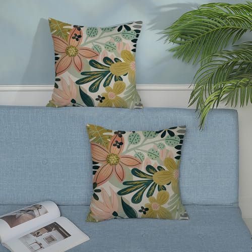 Boho Floral Pillow Covers 18x18 Inch 2 Pcs Vintage Mid Century Tropical Flower Outdoor Decor Throw Pillows Abstract Modern Farmhouse Decoration Pillowcase Linen Cushion Cover for Couch Sofa Bed — view 3