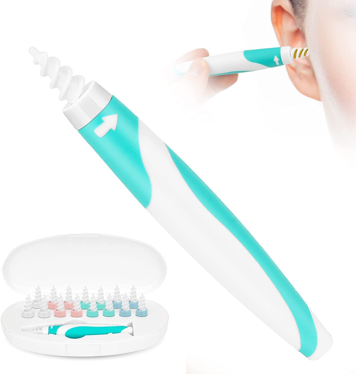 Q Grips Earwax Remover, Portable Ear Cleaner Safe Spiral Ear Wax Removal Tool Kit with 16 Pcs Soft and Flexible Replacement head for Adult