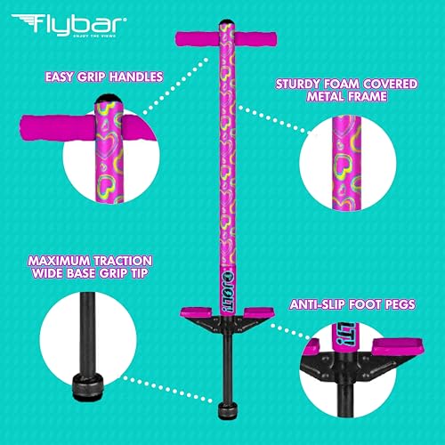Image of Flybar Jolt Pogo Stick for Kids, Perfect for Beginners w /Foam-Covered Metal Frame, Handles & Padding, Non-Slip Foot Pads, Wide Tip, Outdoor Active Play Toy for Boys & Girls, Ages 6+, Pink Hearts