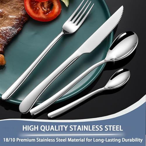 Image of 24 Pieces Flatware Set, Stainless Steel Cutlery Set with Silverware Holder, Modern Gold Silverware Set Includes Dinner Knives Forks Spoons,Hanging Silverware (Silver)