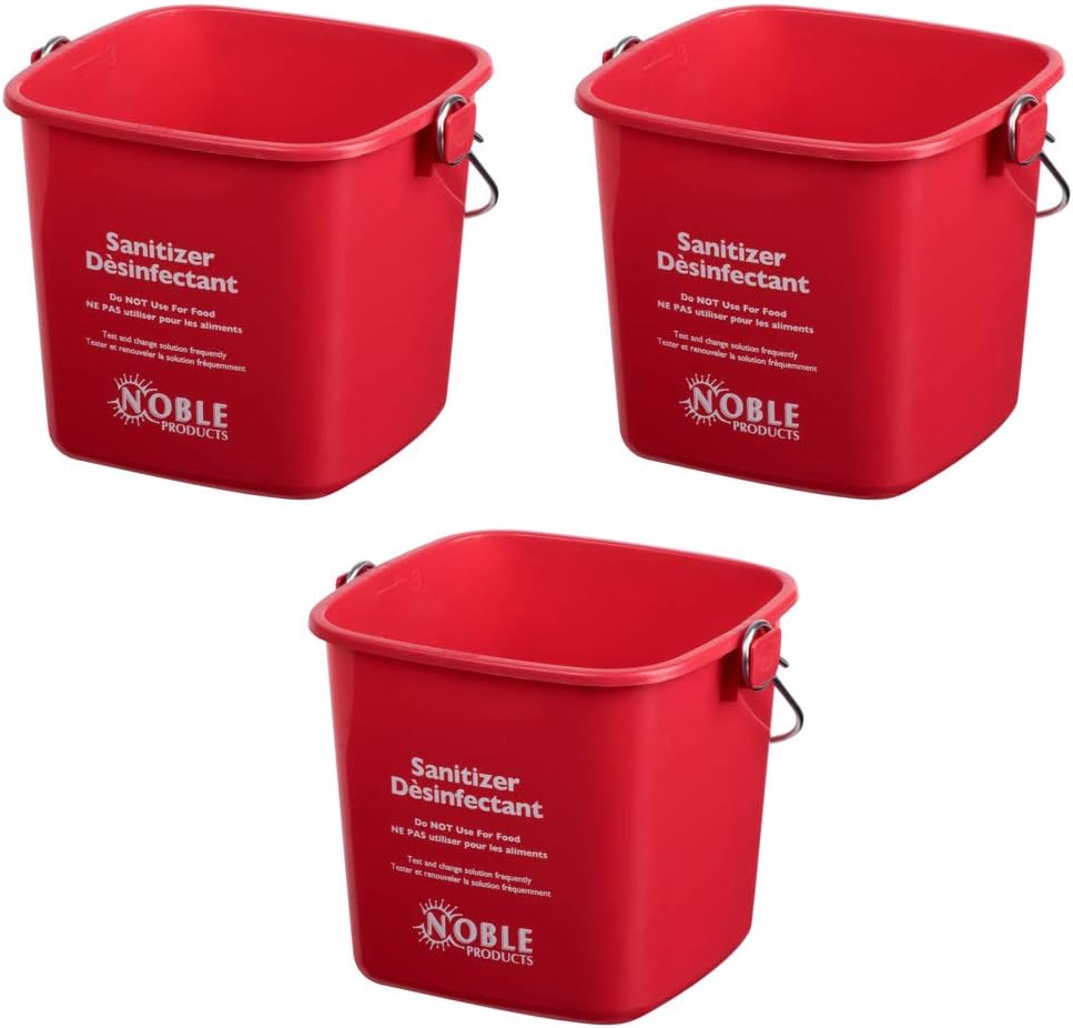 Small Red Sanitizing Bucket - 3 Quart Cleaning Pail - Set of 3 Square Containers, Plastic