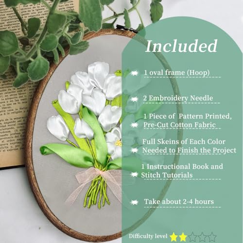 Image of FONNUY Ribbon Embroidery 3D Flowers Pattern Design Kit Embroidery DIY Handwork Set Oval Home Decoration (White Tulip)