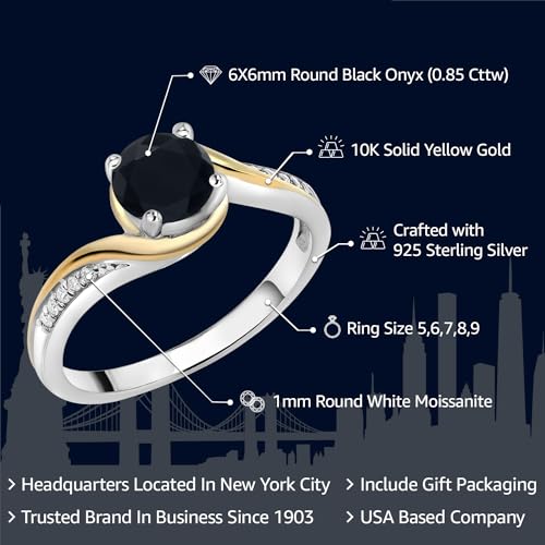 Gem Stone King 925 Sterling Silver and 10K Yellow Gold Round Black Onyx and White Moissanite Engagement Ring For Women (0.85 Cttw, Gemstone Birthstone, Available In Size 5, 6, 7, 8, 9)2