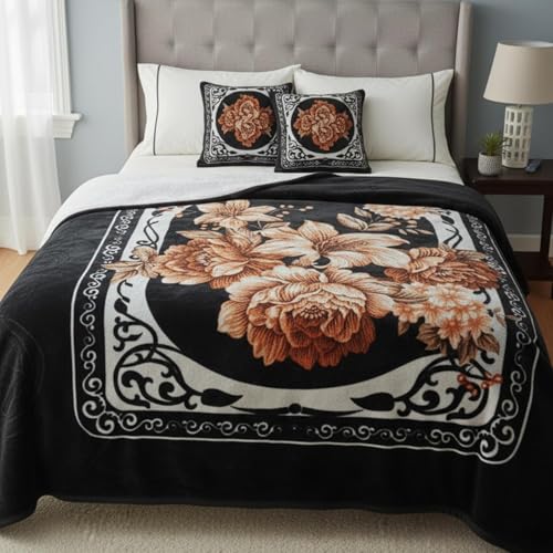 Image of HEMAKAS CLOTHINGS Luxurious Heavyweight Microfiber Korean-Style Plush Blanket, Floral Velvet, 240x220 cm, Winter Comfort, Single Layer (Black Multicolor, Single)