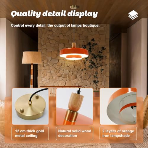Image of Mid Century Orange Hanging Pendant Light, 2‑Tier Metal Hanging Lamp