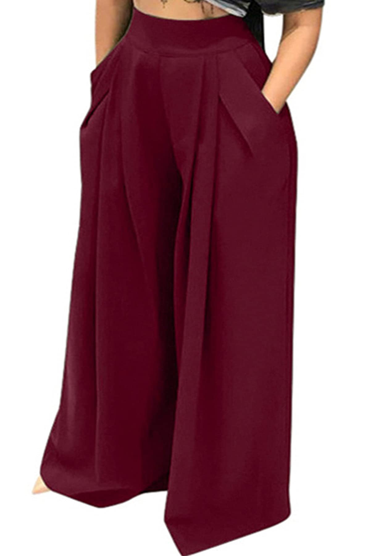 NRTHYE Womens Palazzo Long Pants High Waist Wide Leg Stretchy Loose Fit Casual Trousers with Pocket