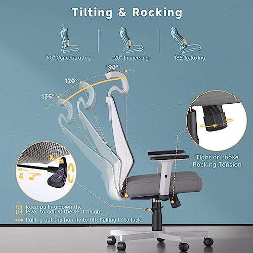 Dripex Ergonomic Office Chair, High Back Desk Chair, Computer Mesh Chair With Lumbar Support, Adjustable Headrest & 2D Armrest, 90°-135°Tilt Function, 360° Swivel Home Office Task Chair, White #TOP2
